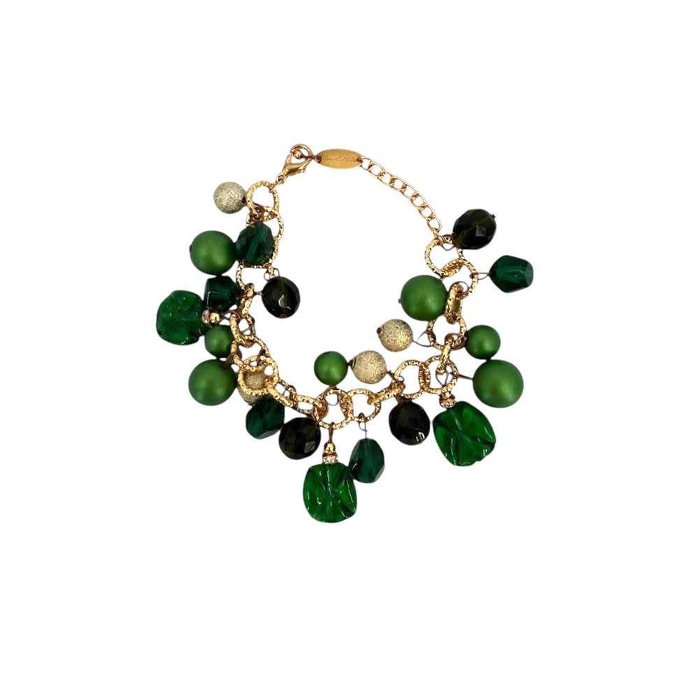 Uno Alla Volta Murano Glass Green Charm Bracelet Gold Plated Italy Signed